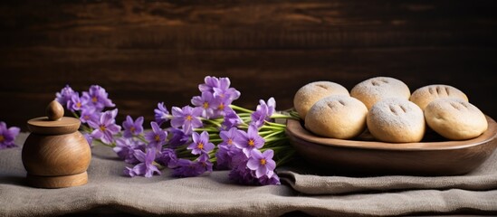 Purple flowers and bread arranged in a bowl on a table - Powered by Adobe