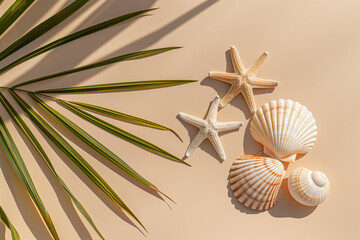 Fototapeta na wymiar top view of small starfish and two seashells lie on an beige sand background, tropical leaves shadows in minimalistic style,solid color backdrop, natural lighting, serene summer scene with copy space