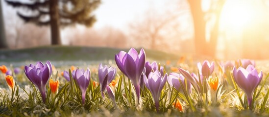 Purple and orange blossoms amid grass and distant trees - obrazy, fototapety, plakaty