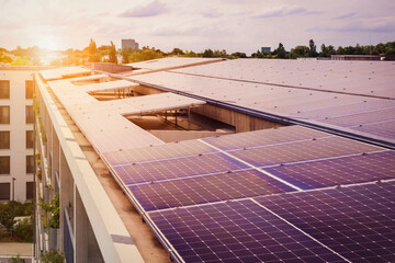 Solar Panels Roof Apartment Building. Modern Solar Panel System on Roof of High-rise Multi Storey...