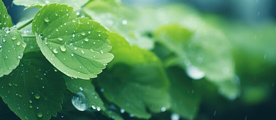 Green leaves adorned with water droplets - obrazy, fototapety, plakaty