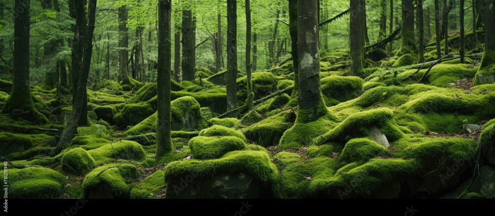 Poster rocks covered in moss surrounded by trees in the forest