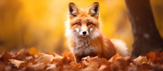 Fox nestled in autumn leaves - obrazy, fototapety, plakaty