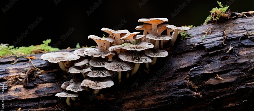 Poster group of mushrooms on tree log
