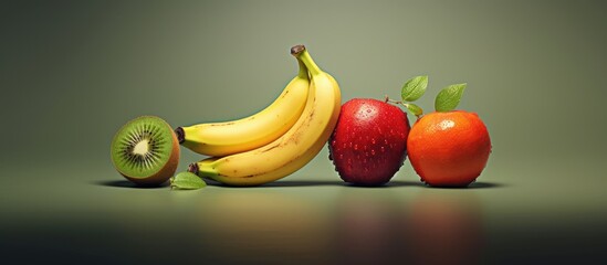 Three assorted fruits and a modified kiwifruit on a tabletop
