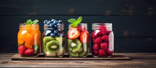 Jars filled with assorted fruits - obrazy, fototapety, plakaty