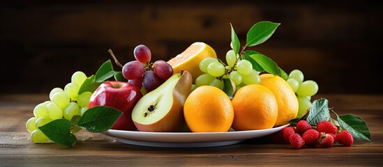 Plate of mixed fruits: apples, oranges, grapes, pears