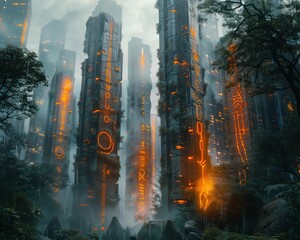 Fototapeta premium Mystical Artifact, Power, Harnessing ancient magic in a digital age, A forest filled with glowing runes amidst skyscrapers, Rain, Golden hour
