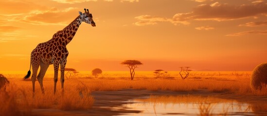 Giraffe in meadow by water