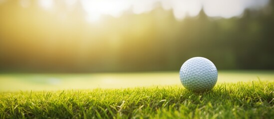 Golf ball on well-maintained grass under bright sunlight