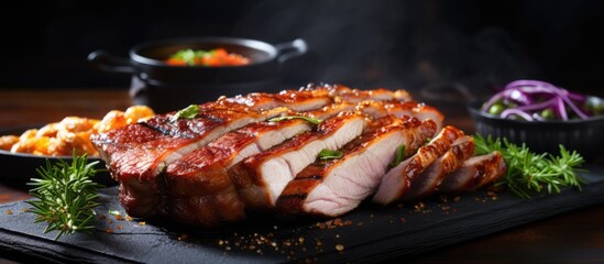 Grilled pork with vegetable side on black plate