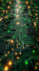 Obraz premium Circuit Board, Green Background, Intricate pathways and components, Reflecting light, Complex interconnected design, Backlights, Depth of Field Bokeh Effect
