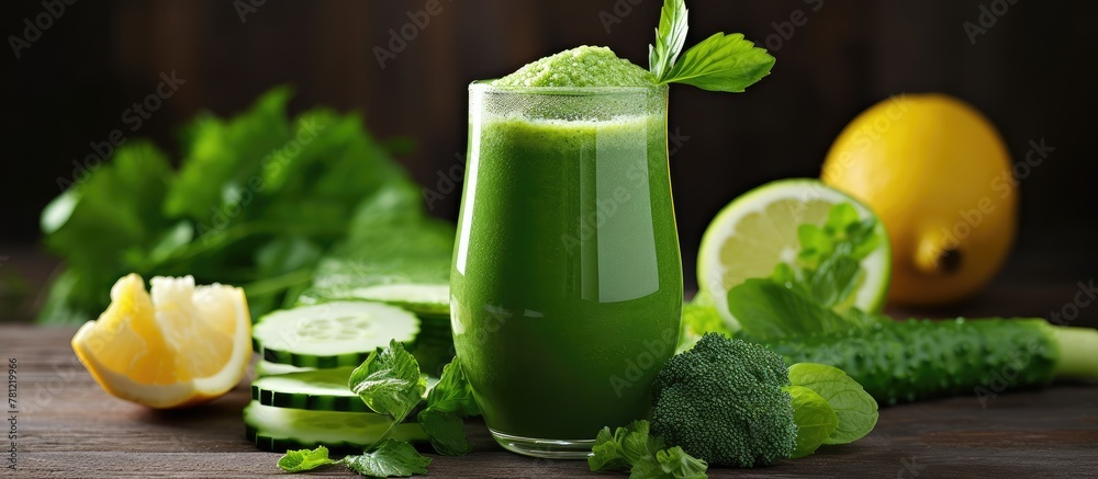 Poster glass of green juice with straw and sprig, nutritious green smoothie background