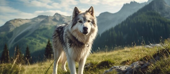 Dog on Hill with Mountain Background - obrazy, fototapety, plakaty