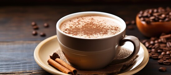 A cup of coffee garnished with cinnamon and beans