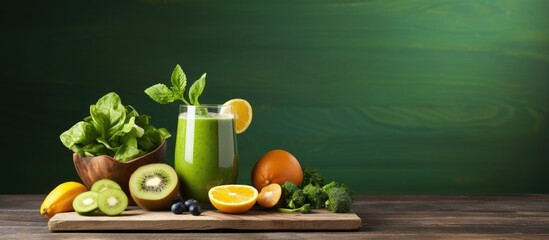 Glass of green juice among fruits and vegetables