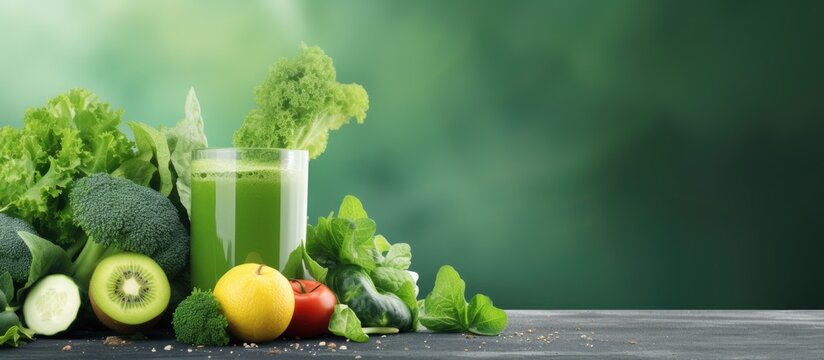 Glass of fresh, green juice among assorted fruits and veggies