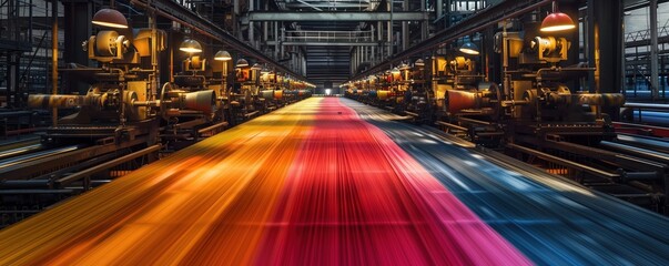 clattering machines, churning out colorful fabrics in a blur of motion Realistic, golden hour lighting, capturing the essence of the Industrial Revolution