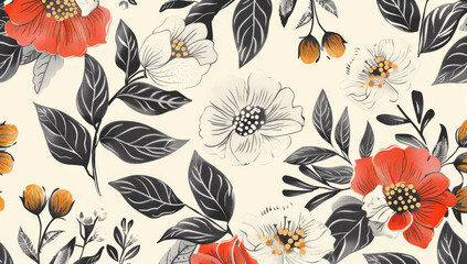 Abstract spring floral background vector illustration with hand drawn flowers and leaves