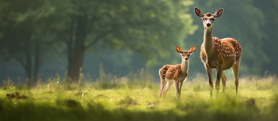 Two deer in a field with forest backdrop - obrazy, fototapety, plakaty