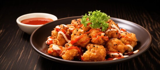 Plate of food with savory sauce and small ketchup bowl