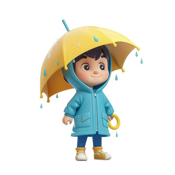child wearing raincoatblue white tone cartoon 2D  illustration on white background Looks minimalist.