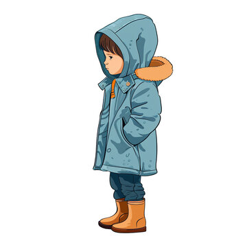 child wearing raincoatblue white tone cartoon 2D  illustration on white background Looks minimalist.