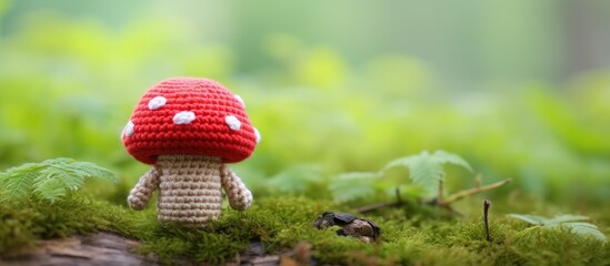 Crocheted mushroom toy on mossy ground