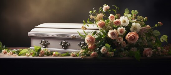 Close up of table with casket and flowers
