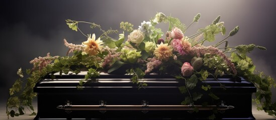 Black casket adorned with flowers and a glowing light