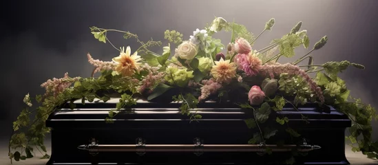 Foto op Canvas Black casket adorned with flowers and a glowing light © vxnaghiyev