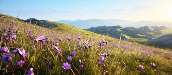 Purple flowers field mountains background