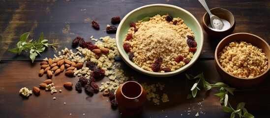 Bowl of mixed grains and nuts on a table