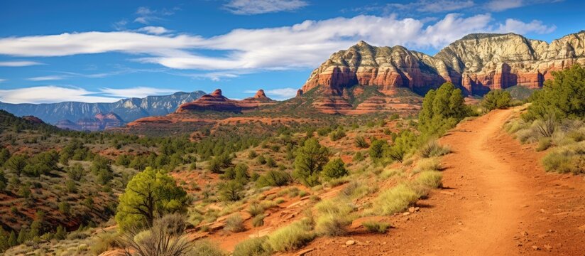 Dirt road winding towards a mountain with sparse trees
