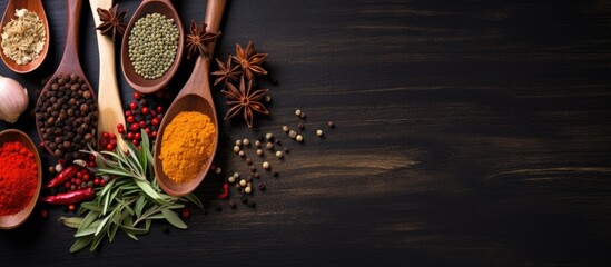Various herbs and spices on dark wood surface