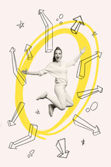 Creative trend collage of entrepreneur female jumping arrows point employee professional expert goal weird freak bizarre unusual fantasy