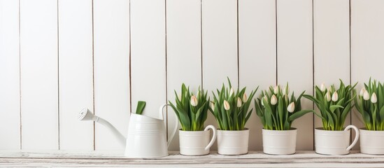 White pots and flowers with watering can on a shelf