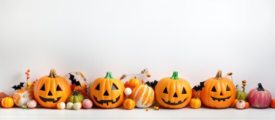 One carved pumpkin among row of pumpkins, Halloween theme with candies and garland