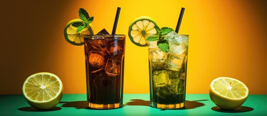 Two glasses of iced tea with lemon and mint on a green table