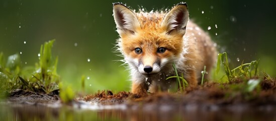 Obraz premium Fox walks by water in rain