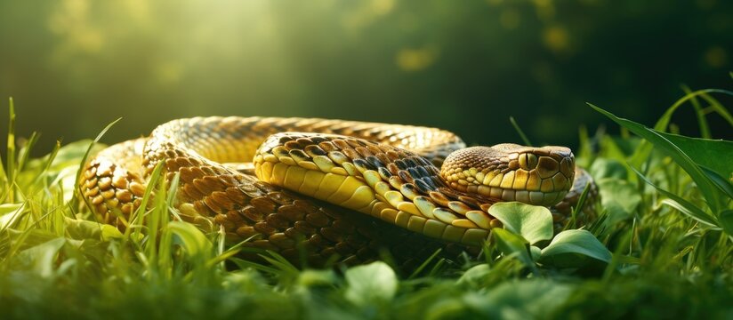 Snake lying grass tongue out