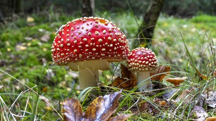 Selective focus of amanitas in a forest surrounded with grass
