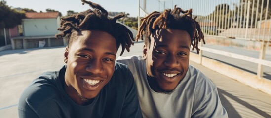 Two guys with dreadlocks smile on skateboard