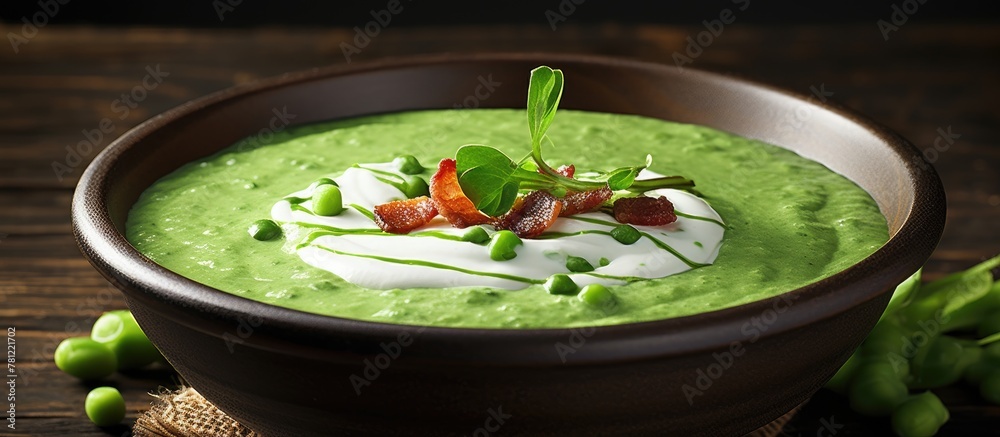 Poster spring pea and bacon soup in a bowl