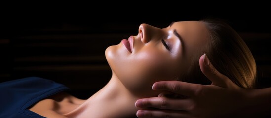 Woman receiving facial massage in dimly lit room