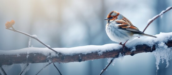 Sparrow perched on snow-covered branch