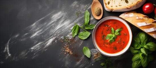 Tomato soup with bread and basil on dark surface