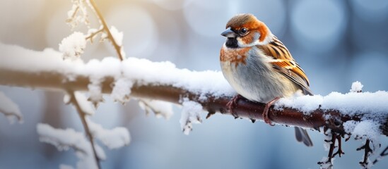 Sparrow perched on snowy branch, winter