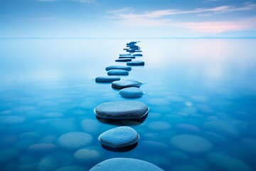 Tranquil blue water and stepping stones zen oasis for relaxation and meditation