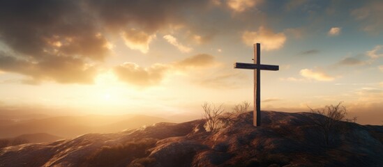 Fototapeta na wymiar Empty cross on a hill at dusk